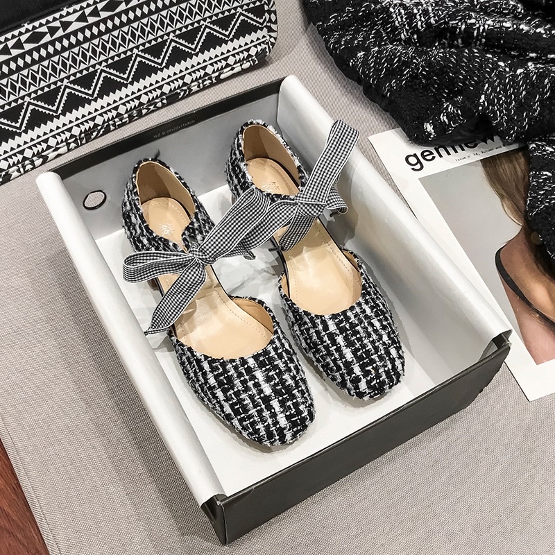 (HÀNG CÓ SẴN) Giày cao gót 3cm mũi tròn vải dạ buộc nơ caro BIG SIZE 40-44
