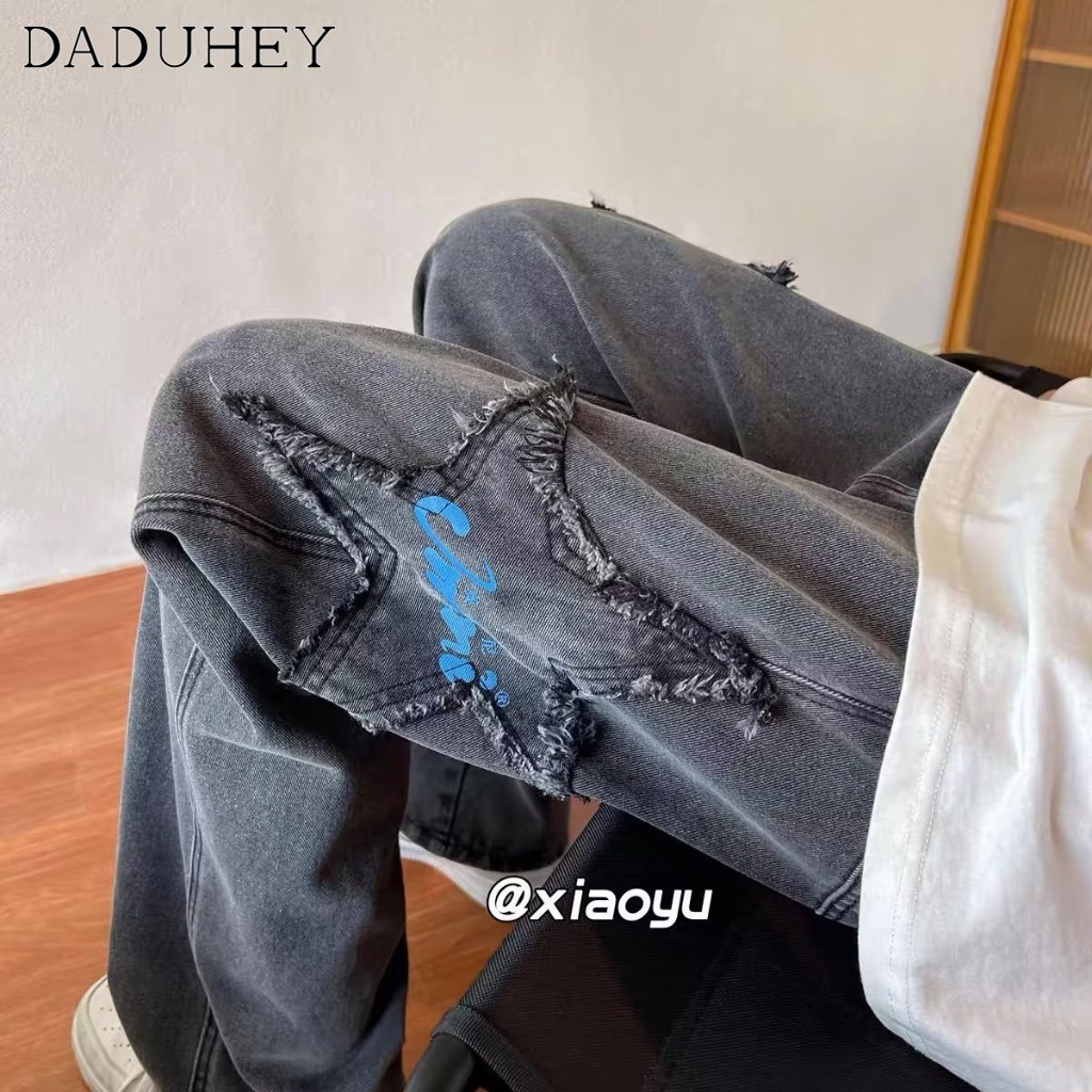 DaDuHey Autumn Thin Trendy Hong Kong Style Ripped Jeans Ins Male Straight Loose Casual Cropped Pants