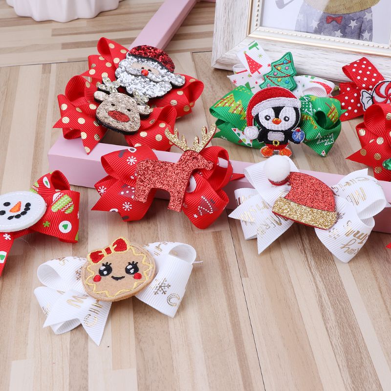 Kẹp Tóc Hình Nơ In Họa Tiết Giáng Sinh Dễ Thương Cho Bé Gái