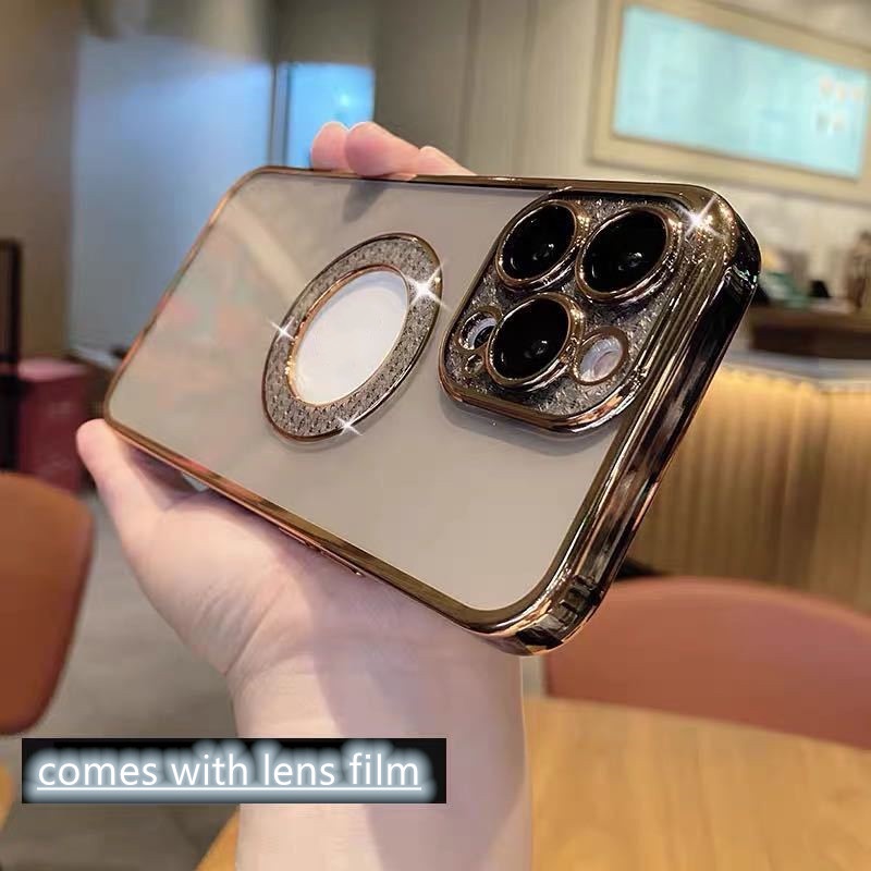 Ốp Điện Thoại Silicon Mềm Đính Đá Giả Lấp Lánh Sang Trọng Kèm Miếng Dán Bảo Vệ Camera Cho iPhone 11 12 13 Pro Max