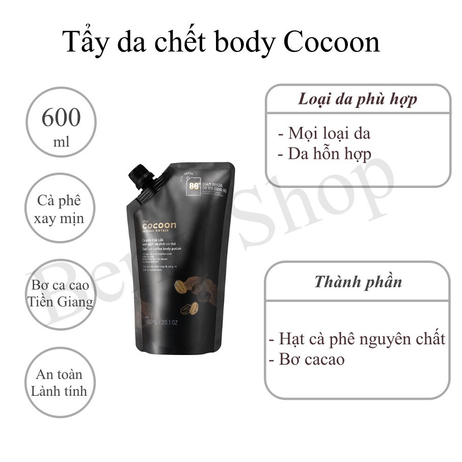 Túi Refill - Cà phê Đắk Lắk làm sạch da chết cơ thể Cocoon cho làn da mềm mại &amp; rạng rỡ 600ml