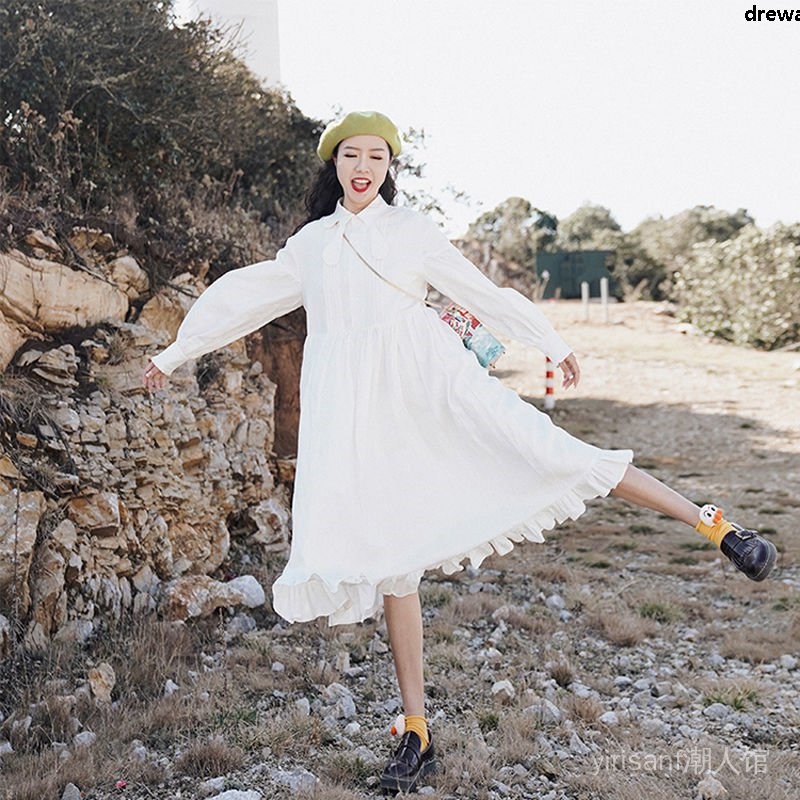 Đầm Trắng Tay Dài Cao Gót Thời Trang Mùa Thu Thanh Lịch Cho Nữ