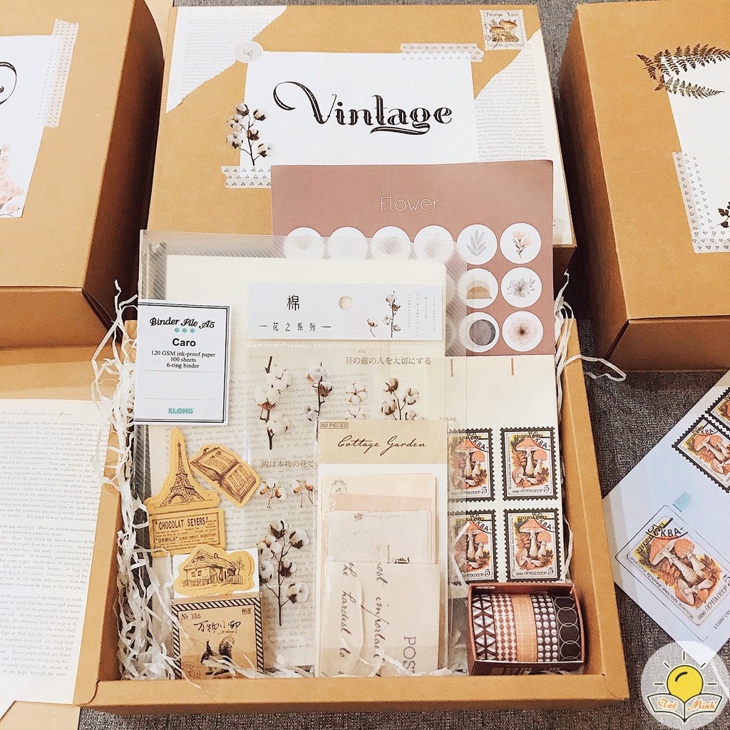 Set trang trí sổ Bullet Journal Vintage gồm binder sổ còng Klong, washi tape, sticker, hộp kraft quà tặng