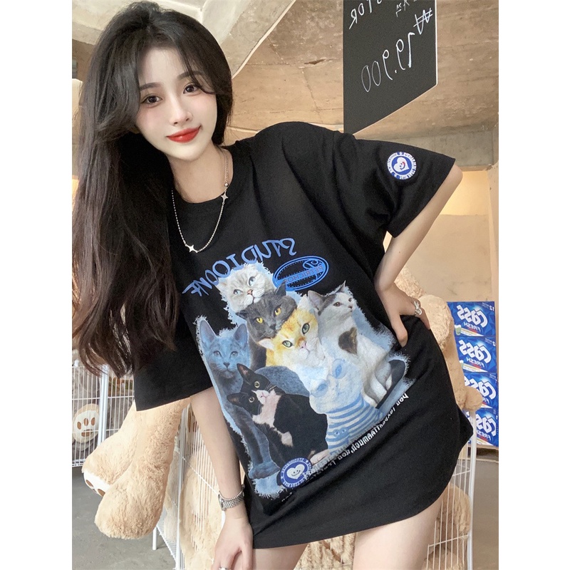 Áo Thun T-shirt Cotton Mềm Co Giãn Tay Ngắn In Hình Mèo Thời Trang Hàn Quốc Cổ Điển Dành Cho Nam Nữ