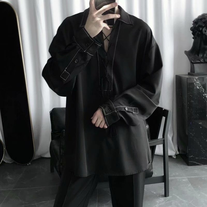 Áo Sơ Mi Tay Dài Màu Đen Thiết Kế Dây Rút Phong Cách Hàn Quốc Thời Trang Cho Nam