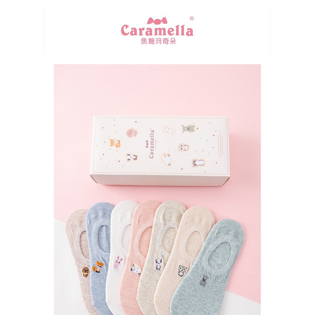 Hộp 7 đôi tất xuồng nữ ngắn cổ, gót silicon chống tuột Caramella