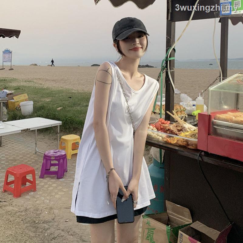 Áo thun thể thao sát nách dáng dài xẻ tà màu trắng thời trang mùa hè cho nữ