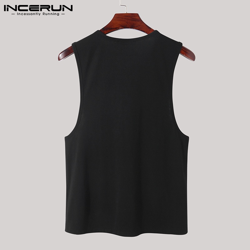 Áo thun INCERUN ba lỗ màu đen dáng rộng phối tua rua thời trang cho nam giới