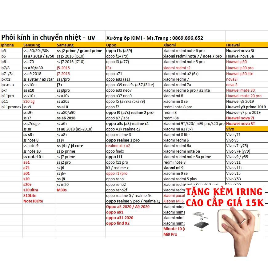 [Sale siêu rẻ] (Sỉ 11K) Phôi Ốp lưng kính các mã in chuyển nhiệt, in uv có bảng mã đủ 200 dòng máy trên thị trường