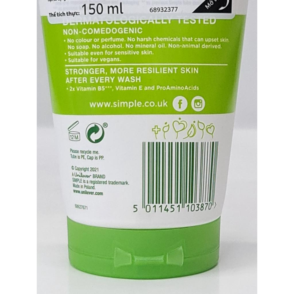 Sữa Rửa Mặt Dịu Nhẹ Simple Kind to Skin Moisturising Facial Wash 150ml