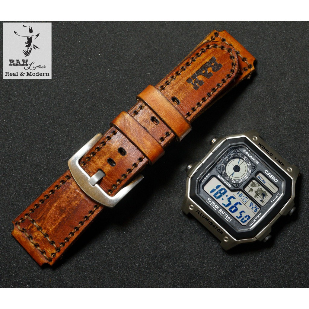 Dây đồng hồ RAM Leather vintage PILOT da bò thật nâu sáng kiểu phi công quân đội