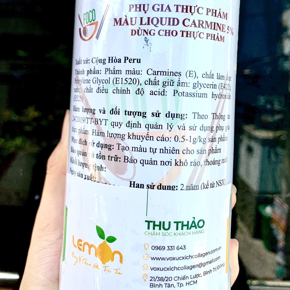 Màu đỏ Carmine 5% dùng tạo màu hồng đỏ cho xúc xích, lạp xưởng, pate, thịt nguội, jambon