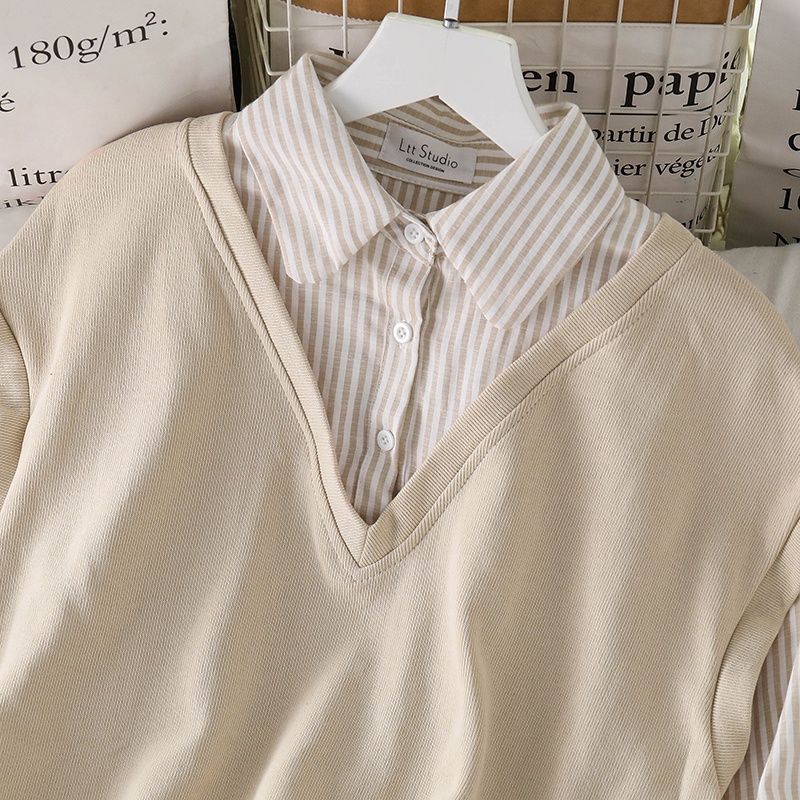 IELGYÁo sweater Tay Dài Dáng Rộng Giả Hai Lớp Phối Họa Tiết Kẻ Sọc Thời Trang Cho Nữ