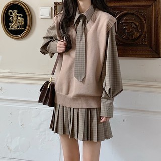 Set váy kẻ kèm cà vạt + áo gile len