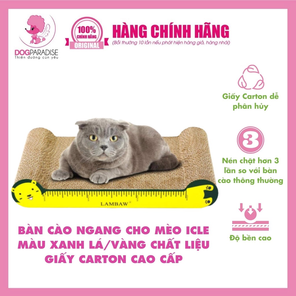 Bàn cào ngang cho mèo ICLE màu xanh lá/vàng chất liệu giấy carton cao cấp 43x21.5x7 cm chịu lực tốt - Dog Paradise