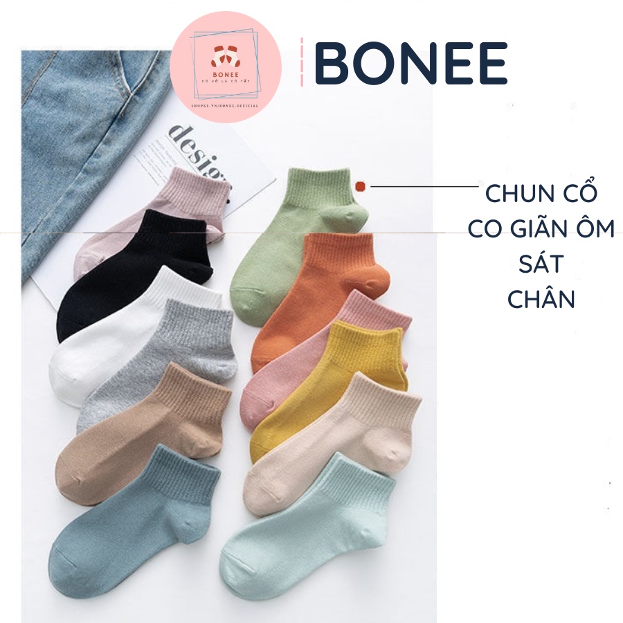 Tất nữ cổ ngắn mẫu trơn dệt kim cotton , vớ nữ cổ thấp cao cấp co giãn thoáng mát BONEE