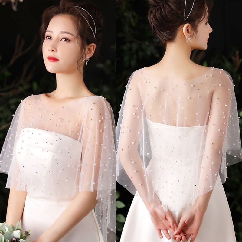 Khăn Choàng Vải Tuyn Xếp Ly Đính Hạt Ngọc Trai Màu Trắng Phong Cách Vintage Dành Cho Nữ