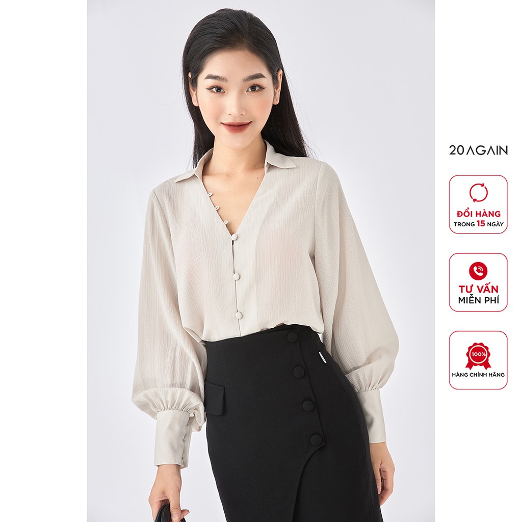 Áo sơ mi công sở cổ tim 20AGAIN thanh lịch, trẻ trung ASA1893