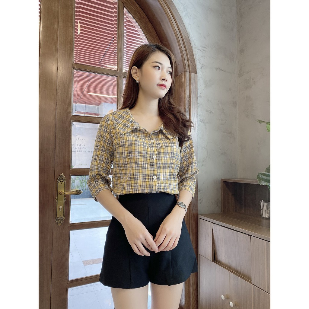 Áo Sơ Mi Nữ Caro Vàng Cam, Áo Công Sở Thời Trang, Áo Nữ Đẹp Phong Cách Vintage, Liin clothing