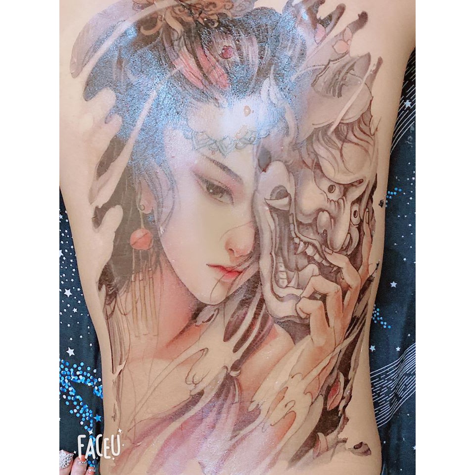 Hình xăm dán kín, full, bít lưng, xăm tạm thời chống nước cô gái nhật Geisha JULLY Tattoo chất cho cả nam và nữ