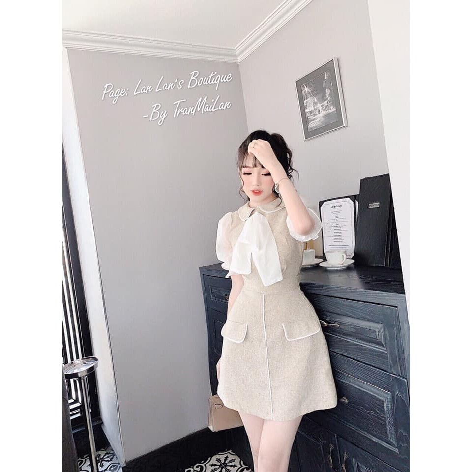 Váy dạ phối nơ cổ tay bồng