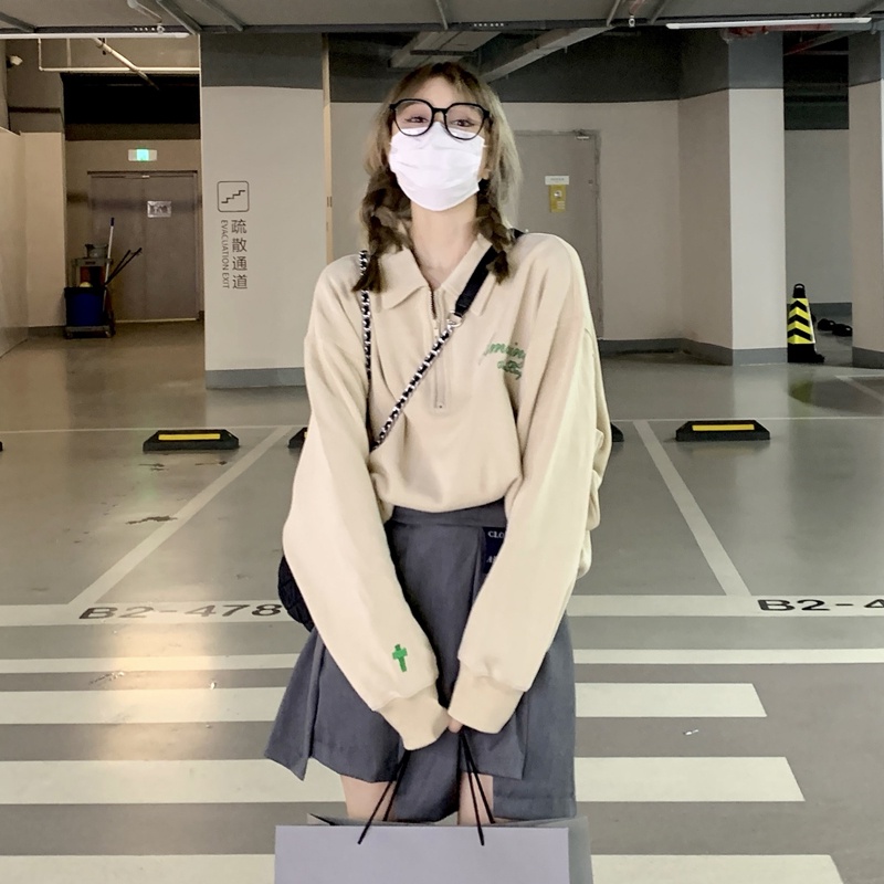 Áo Nỉ Nữ Dài Tay Cổ Bẻ Thời Trang Hàn