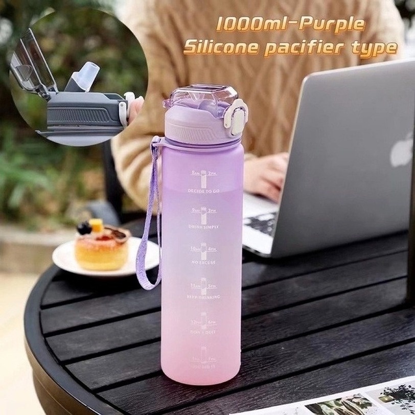 [ tặng Sticker] 1000ML Bình Đựng Nước Dễ Thương Có Vạch Báo Giờ Uống Nước bình nước cute có ống hút bình uống nước có tay cầm
