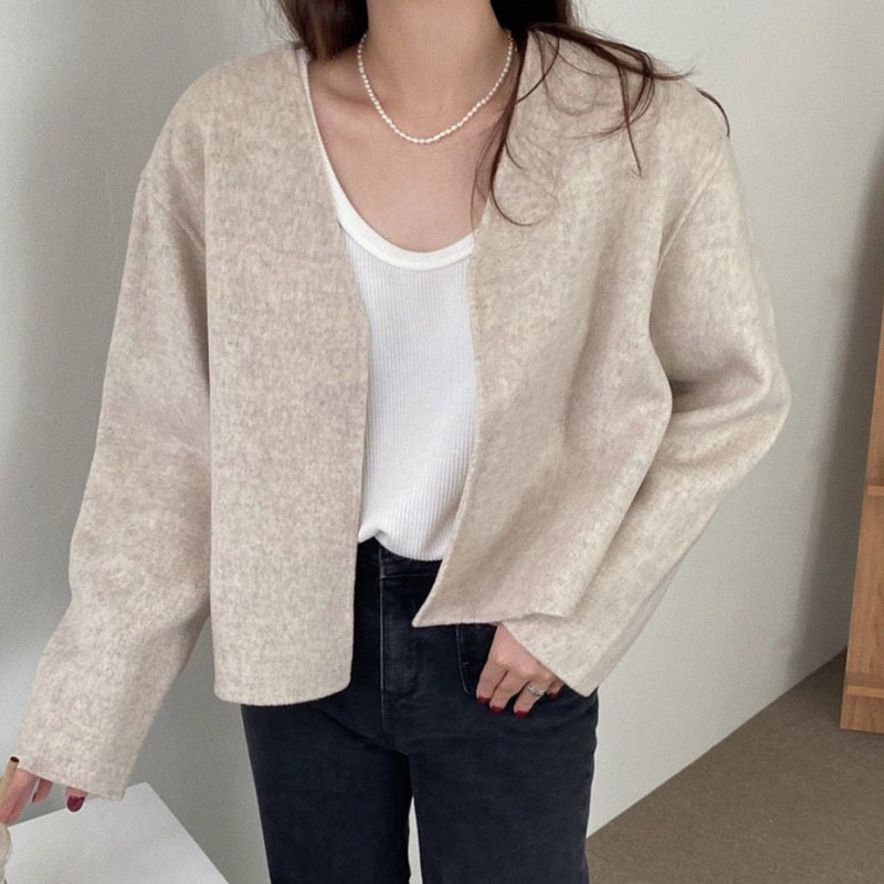 Áo khoác dạ ép mềm mịn không khuy dáng ngắn style công sở Hàn Quốc