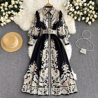 Đầm maxi dài tay in họa tiết vintage cho nữ mới