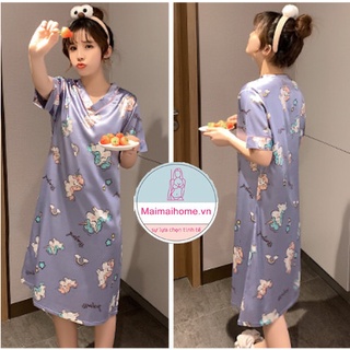 ĐẦM / VÁY NGỦ KỲ LÂN TÍM LỤA SATIN DỄ THƯƠNG [Maimaihome]