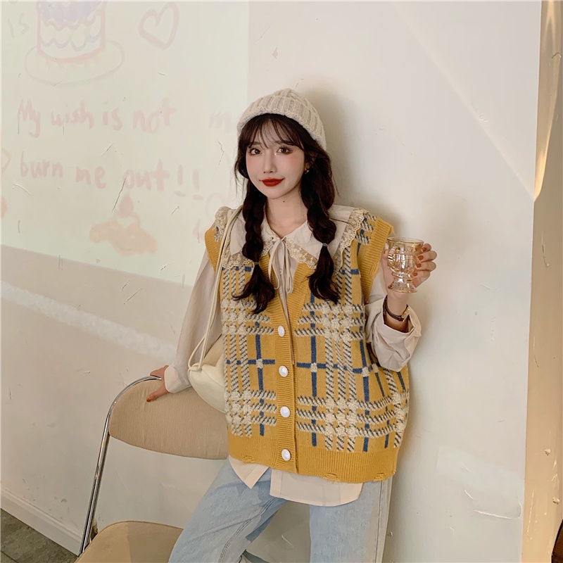 Áo Dệt Kim Cổ Chữ V Họa Tiết Sọc Caro Phong Cách Cổ Điển Thời Trang Thu Đông Hàng Mới