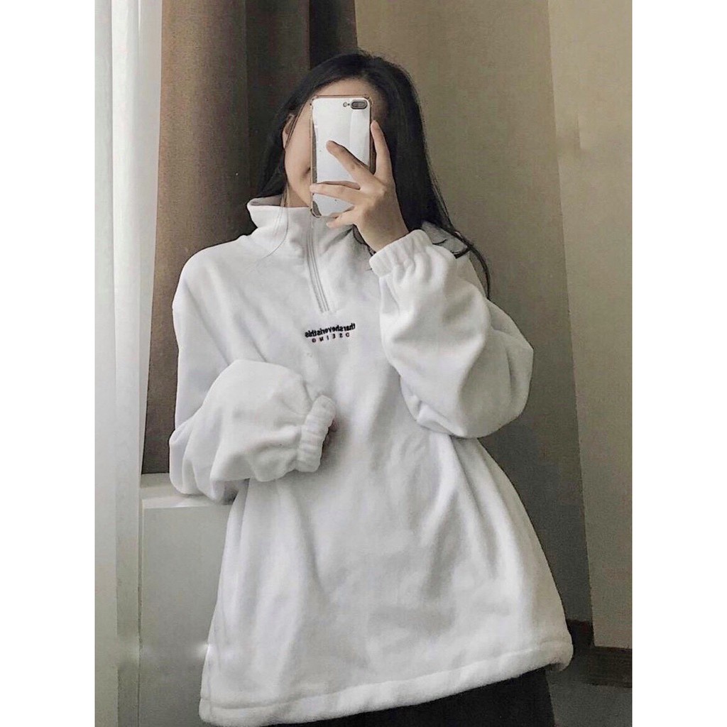 Áo swt nỉ  AK021 cổ polo khóa kéo cá tính trắng chữ thêu Áo sweater xanh nam nữ form thụng hoodie không mũ cao cổ