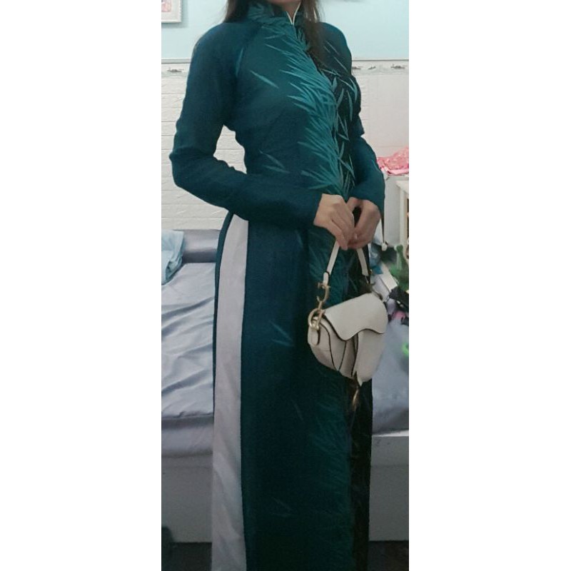 Thanh lý bộ áo dài hoa xanh voan eo dưới 70cm