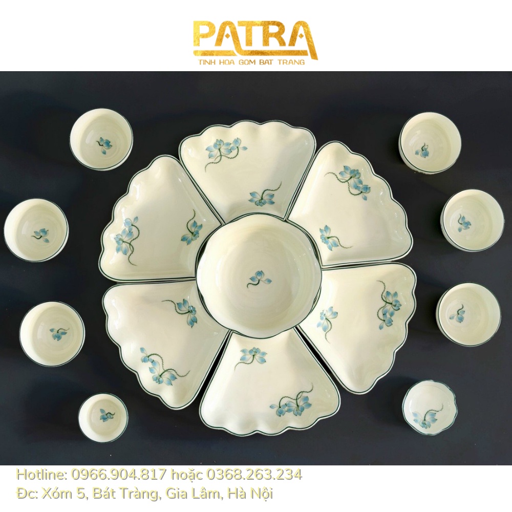 Bộ bát đĩa hoa mặt trời, bát đĩa sứ men kem Bát Tràng họa tiết sen xanh thờ cúng gia tiên
