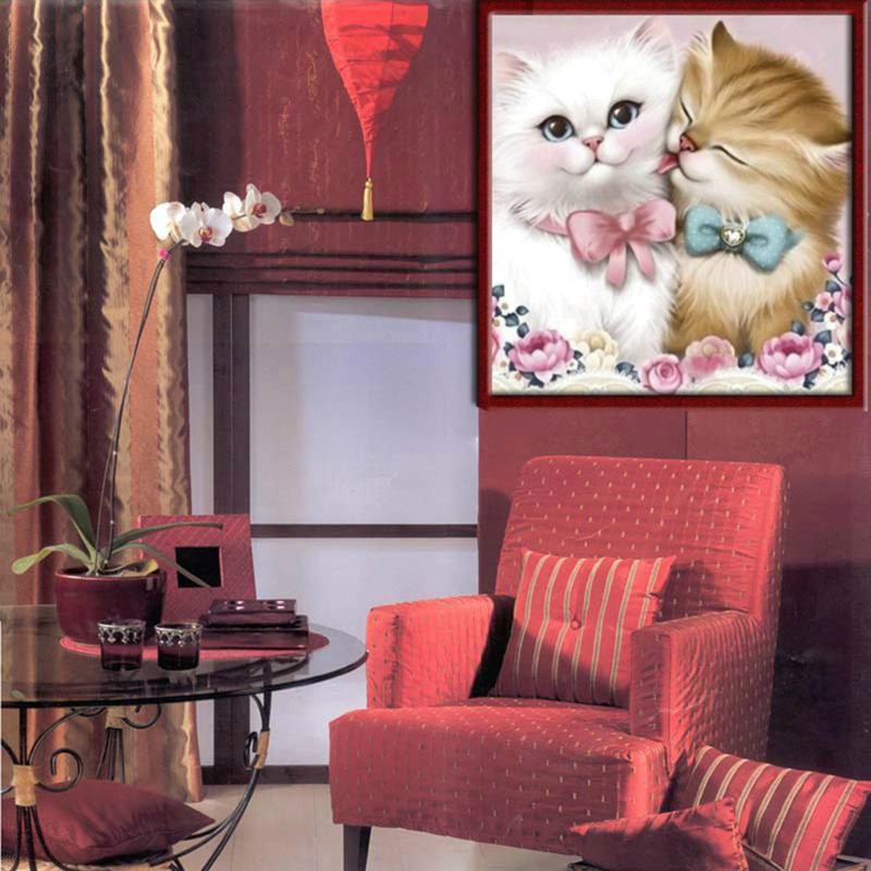 Bộ tranh đính đá 5D DIY hình cặp đôi mèo con đáng yêu trang trí cho nhà
