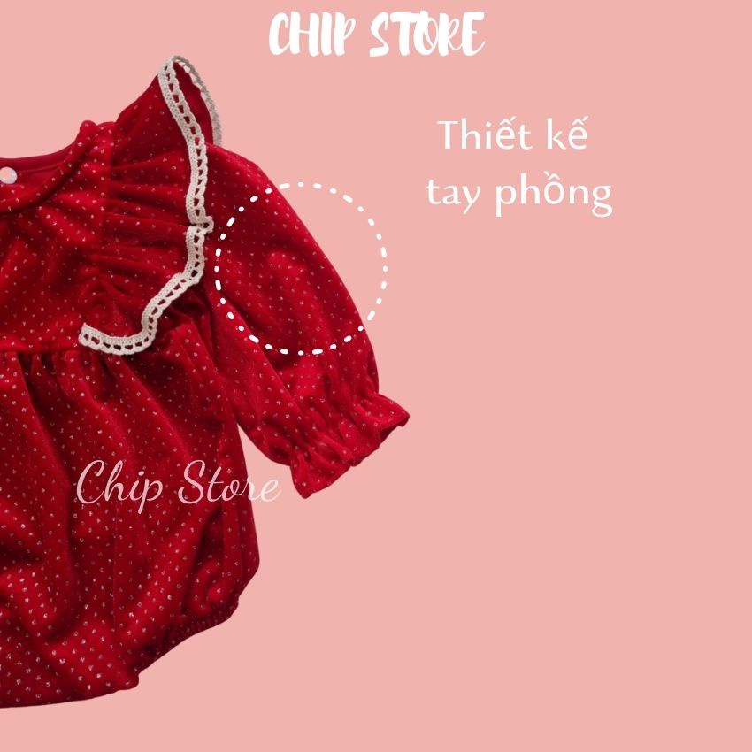 Body dài tay bé gái màu đỏ nhung cao cấp CHIP STORE Tặng kèm nón vớ giữ ấm chân, mặc đầy tháng, Noel, Tết đều xinh