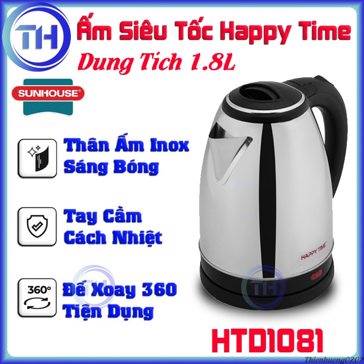 Ấm Siêu Tốc Sunhouse Chính Hãng 1.8l HTD1081 , Bình Đun Siêu Tốc Tay Cầm Cách Nhiệt Chất Liệu Inox Cao Cấp