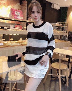 ÁO LEN KẺ ĐAN MÓC FORM THỤNG