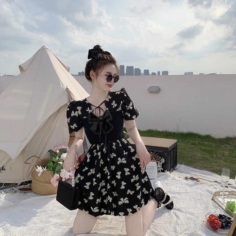 AMOI Đầm Tay Ngắn Dáng Ôm Chiết Eo Phong Cách Pháp Thời Trang Xinh Xắn Cho Nữ 2022