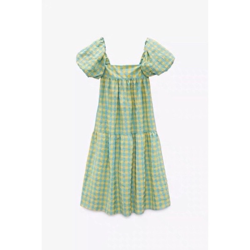 Đầm caro vàng xanh dáng dài tay phồng ZR xuất xịn kèm ảnh thậ