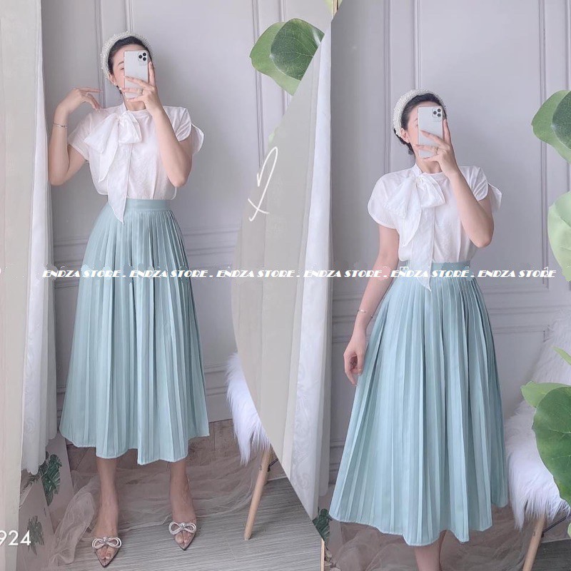 Set Áo Sơ mi Cổ Tàu Voan Nơ mix Chân Váy Xanh Xếp Ly Sang Chảnh Cho Nàng Công sở - ENDZA STORE