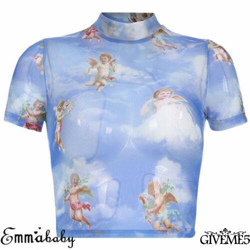 [Mã FAMAYWA giảm 10K đơn 50K] Áo lửng lưới xuyên thấu ngắn tay in hình thiên thần quyến rũ thời trang cho nữ | BigBuy360 - bigbuy360.vn