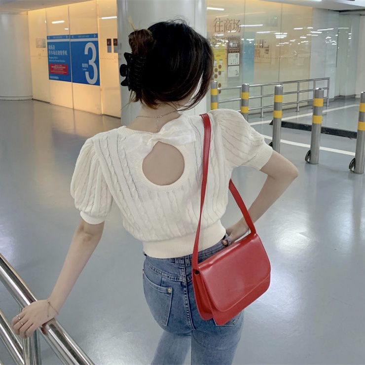 Áo Thun Dệt Kim Tay Ngắn Đính Nơ Màu Đỏ Hồng Eo Cao Thời Trang Mùa Hè Dành Cho Bạn Nữ