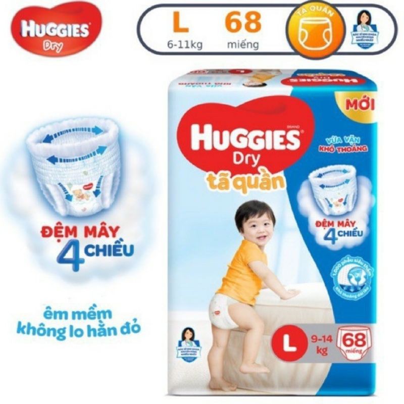 Tã quần Huggies Dry L68/XL60 tặng kèm 8 miếng trong mỗi bịch