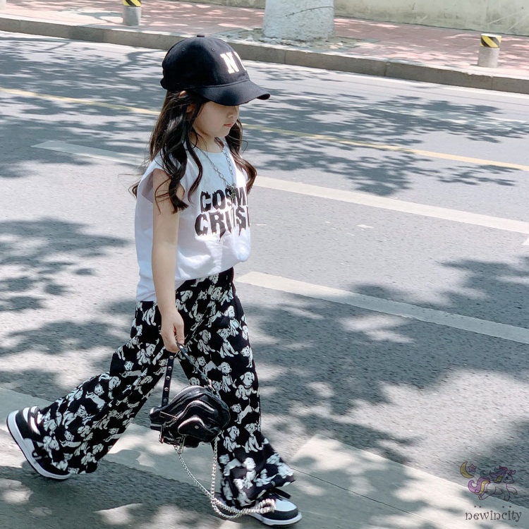 Bộ Áo Sát Nách In Chữ + Quần Thiết Kế Hoạt Hình Phong Cách Hàn Quốc Cho Bé Gái