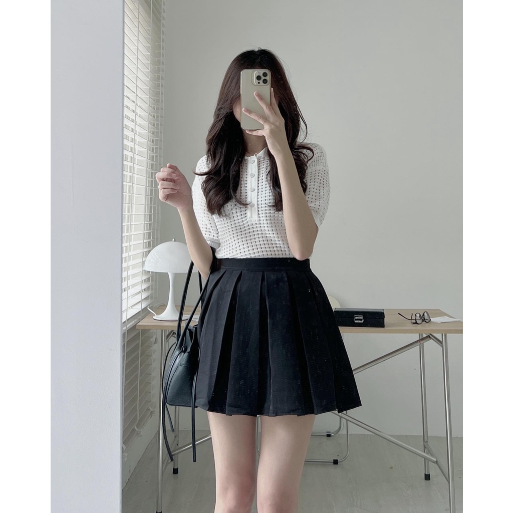 Áo len đục lỗ cổ polo bẻ tay con