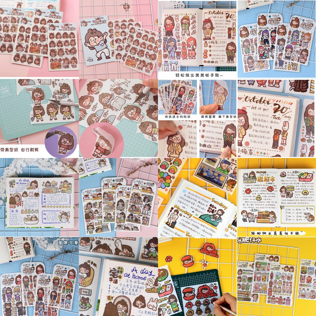 Set 4 tấm sticker sổ tay dễ thương, nhan dán cô gái hoạt hình xinh xắn