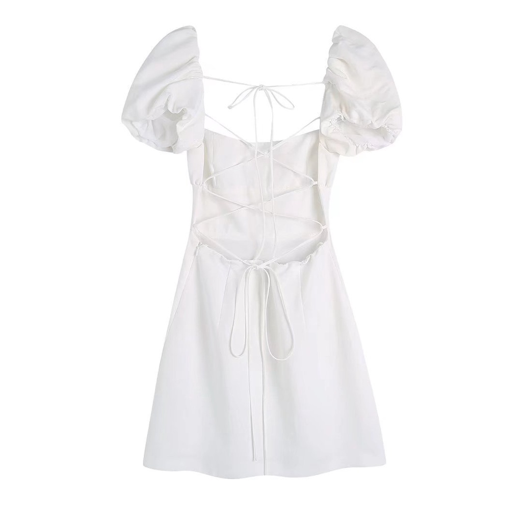 Uibey Đầm Vải Lanh Cột Dây Hở Lưng Ngắn Tay Thời Trang Quyến Rũ 6562