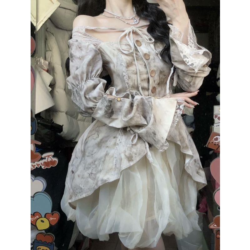 Bộ Áo Sơ Mi Tay Phồng Cột Dây Màu Nhuộm + Chân Váy Lưng Cao Thời Trang Cho Nữ