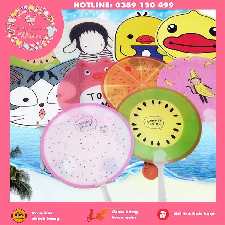 Quạt nhựa cầm tay siêu rẻ xinh xắn cho bé trai/gái hình doraemon,vịt, hello kitty, chopper, hoa quả ....